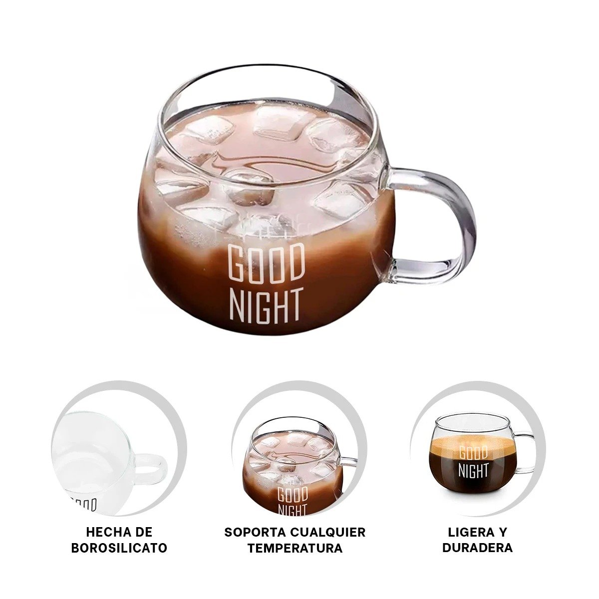 TAZA DE VIDRIO 350 ML CON FRASE GOOD NIGHT EN TRANSPARENTE ELEGANTE Y+PAPEL REGALO - 5