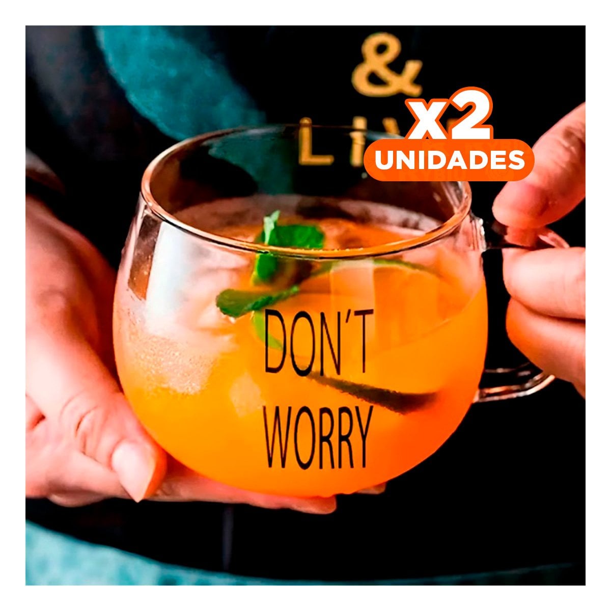 PACK2 COPA VIDRIO TRANSPARENTE 350 ML CON FRASE DONT WORRY MODERNA Y+PAPEL REGALO - 1