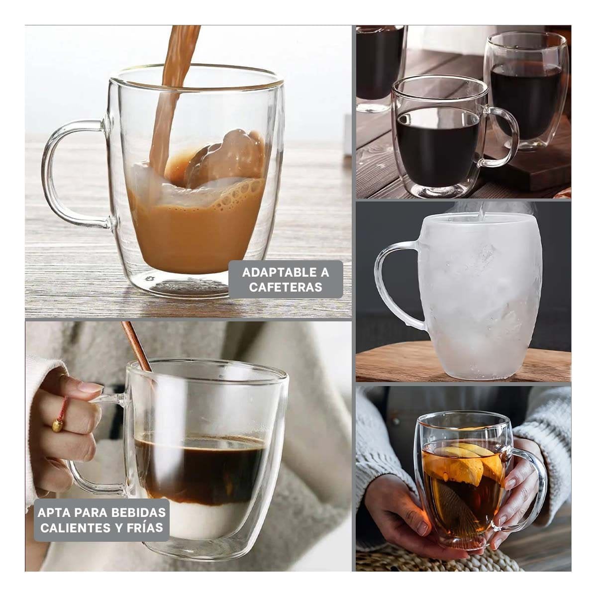 TAZA DOBLE CAPA 320 MILILITROS CON VIDRIO TRANSPARENTE TOQUE DECORATIVO Y+LIGAS REGALO - 1