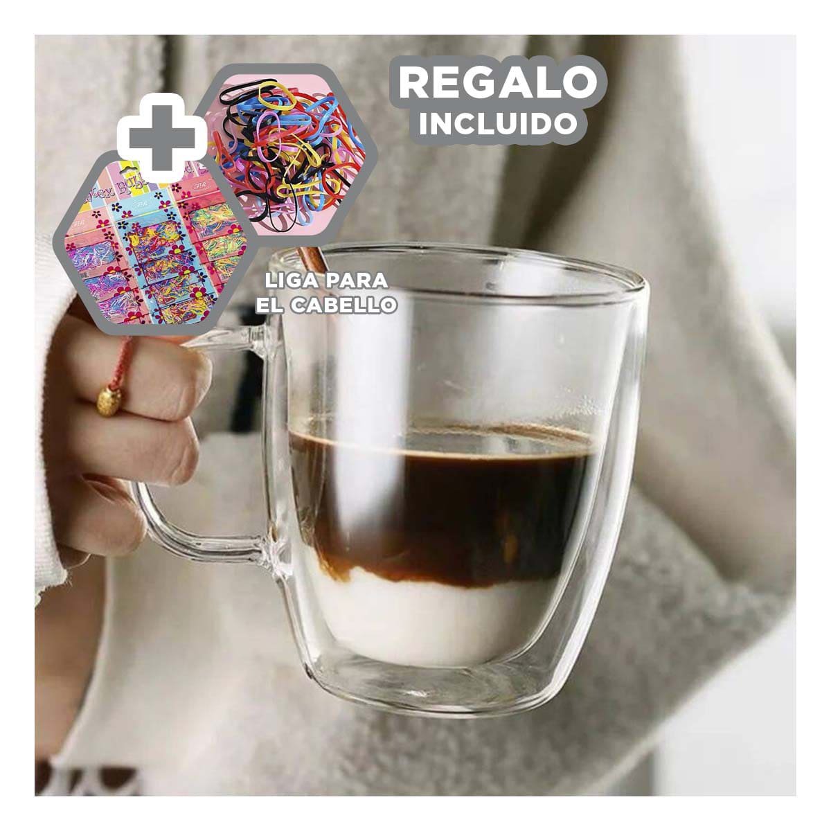 TAZA DOBLE CAPA 320 MILILITROS CON VIDRIO TRANSPARENTE TOQUE DECORATIVO Y+LIGAS REGALO - 2