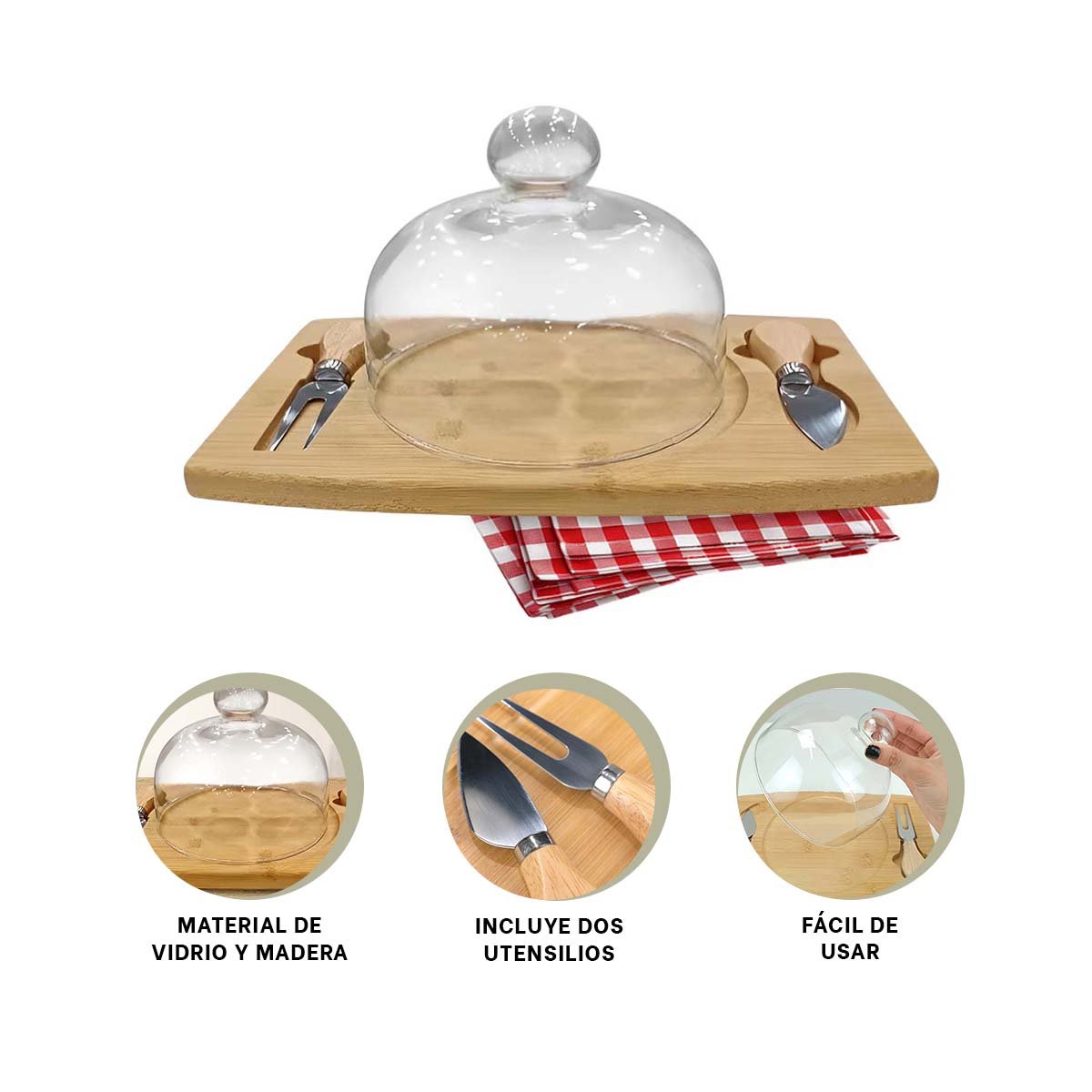 TABLA RECTANGULAR CON CUPULA DE VIDRIO Y 2 UTENSILIOS PARA PRESENTACION EN MESA YPAPEL REGALO - 5