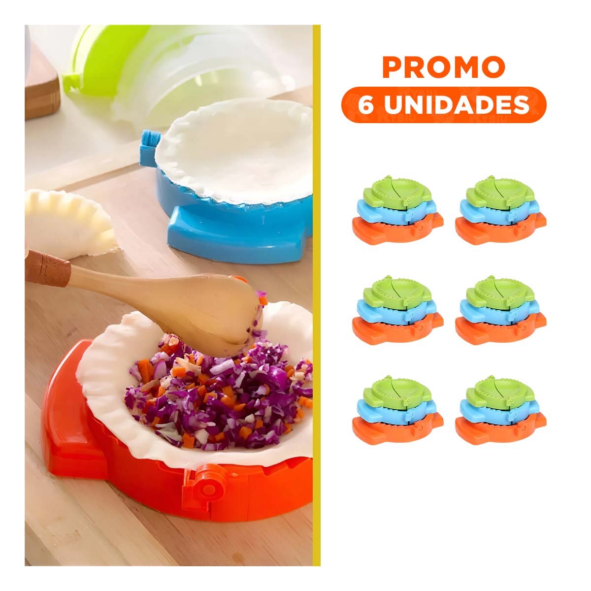 PACK6 JUEGO EN PLASTICO PARA EMPANADAS TRES MOLDES MULTICOLOR Y+REGALO STICKER - 1