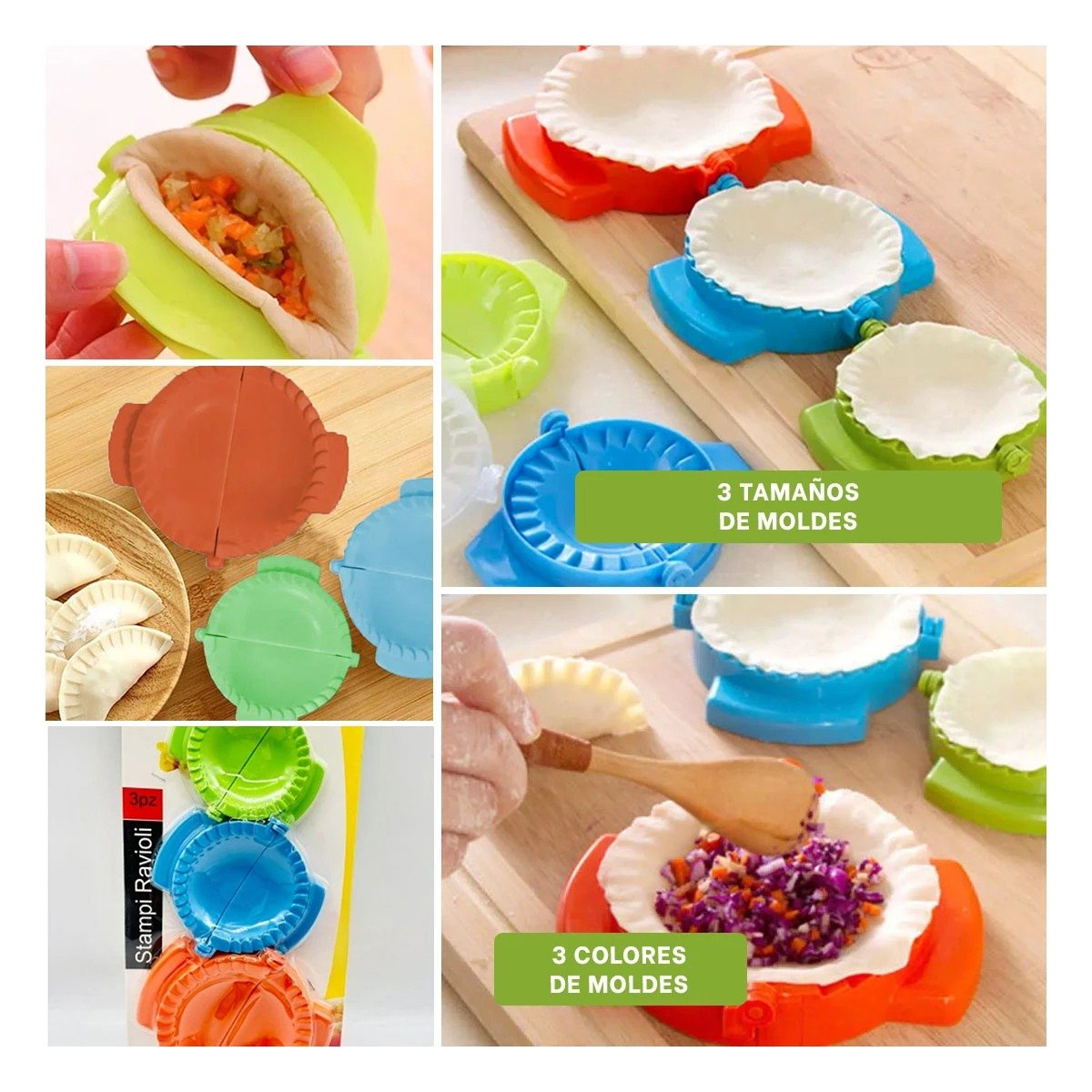 SET DE 3 MOLDES EN PLASTICO MULTICOLOR PARA EMPANADAS CASERAS Y+PAPEL REGALO - 3