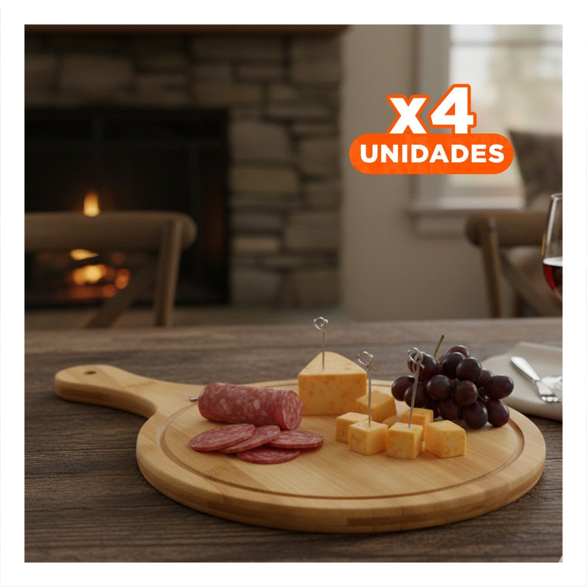 PACK4 BASE DE MADERA CIRCULAR CON MANGO PARA SERVIR TAPAS Y POSTRES 32X20CM YREGALO STICKER - 1