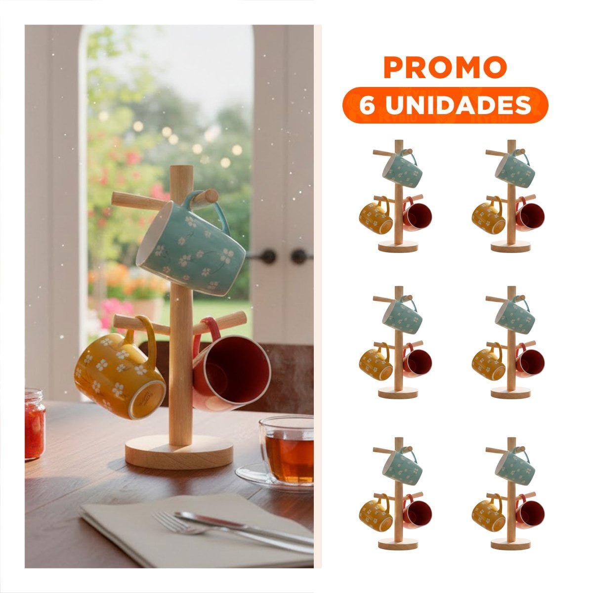 PACK6 ORGANIZADOR DE MADERA CON ESPACIO PARA 6 TAZAS Y PEQUEÑOS ACCESORIOS YREGALO STICKER - 1