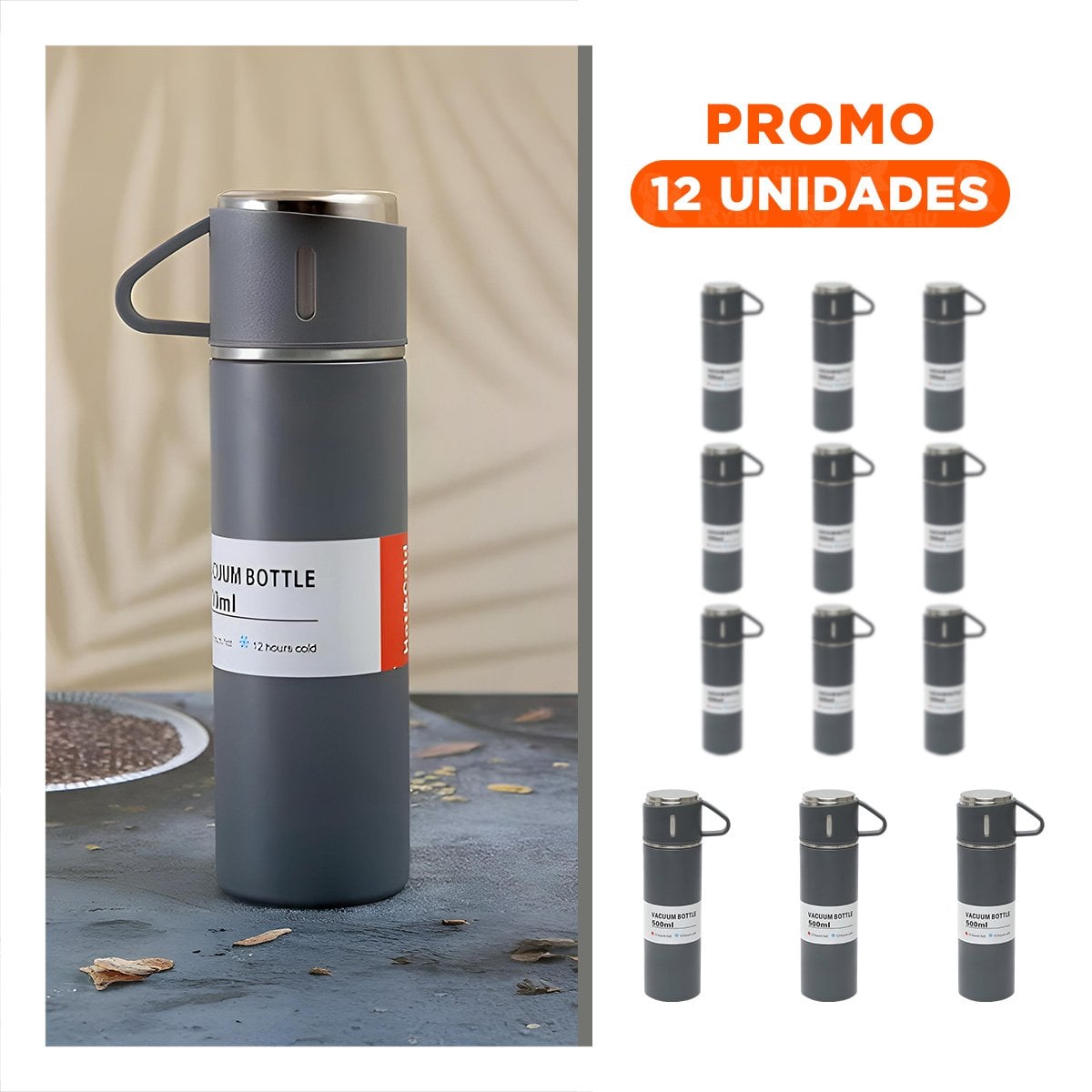 PACK12 BOTELLA DE VIAJE CON DOS TAZAS PARA OFICINA PLOMO - 1
