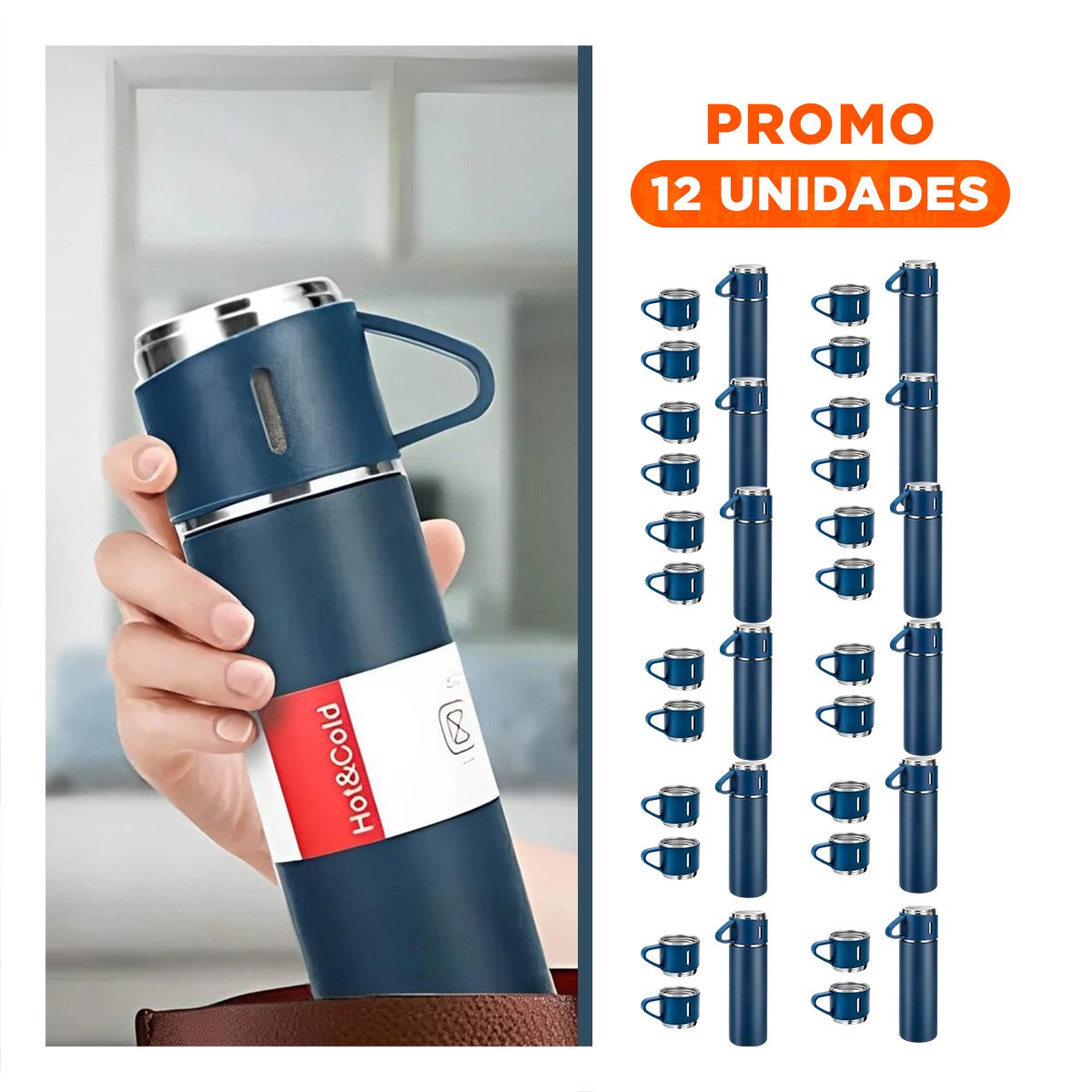PACK12 FRASCO TERMICO MODERNO CON DOS TAZAS PARA HOGAR AZUL - 1