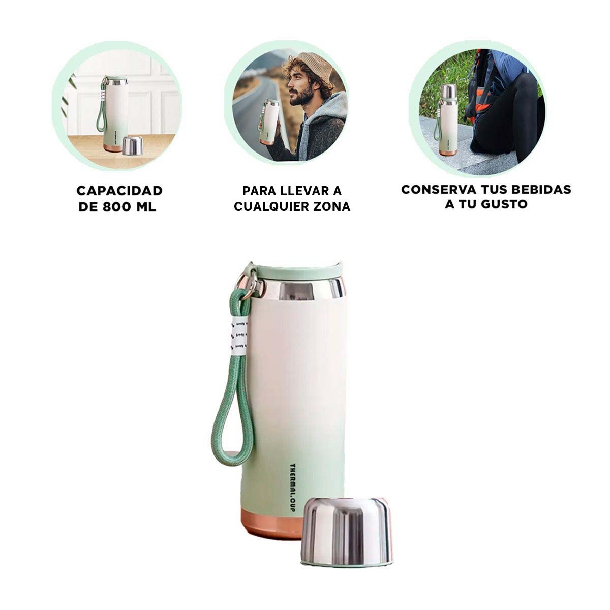 TERMO DEGRADADO VERDE AGUA 800ML PARA TRANSPORTE FÁCIL DE BEBIDAS Y+PAPEL REGALO - 5