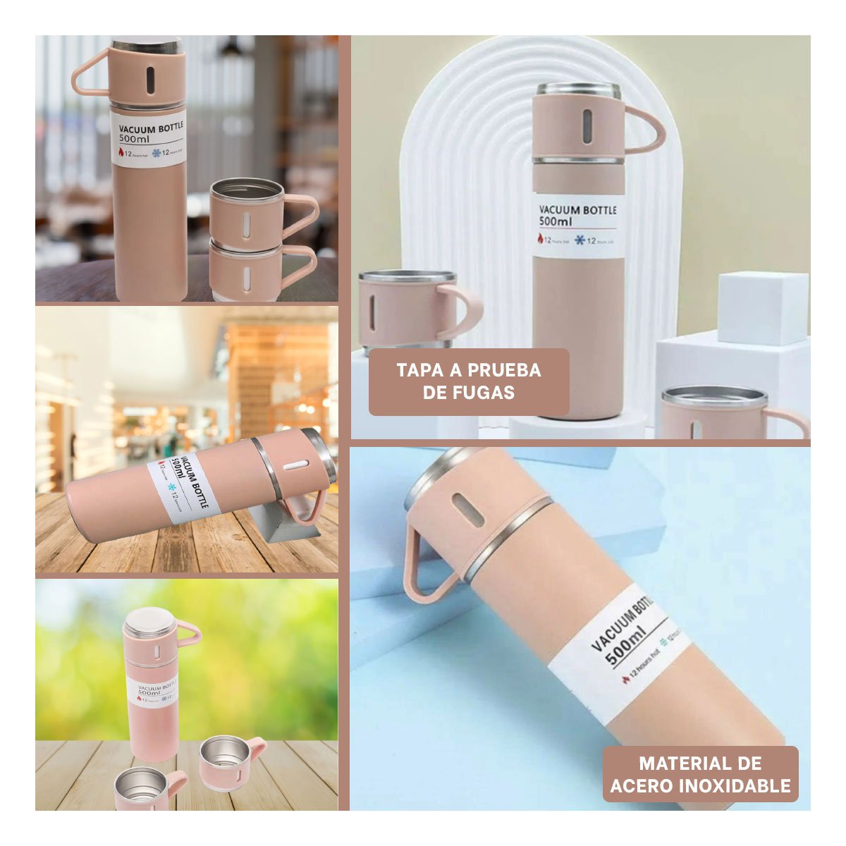 BOTELLA TERMICA INDIVIDUAL CON DOS TAZAS PARA BEBIDAS CALIENTES ROSADO - 2