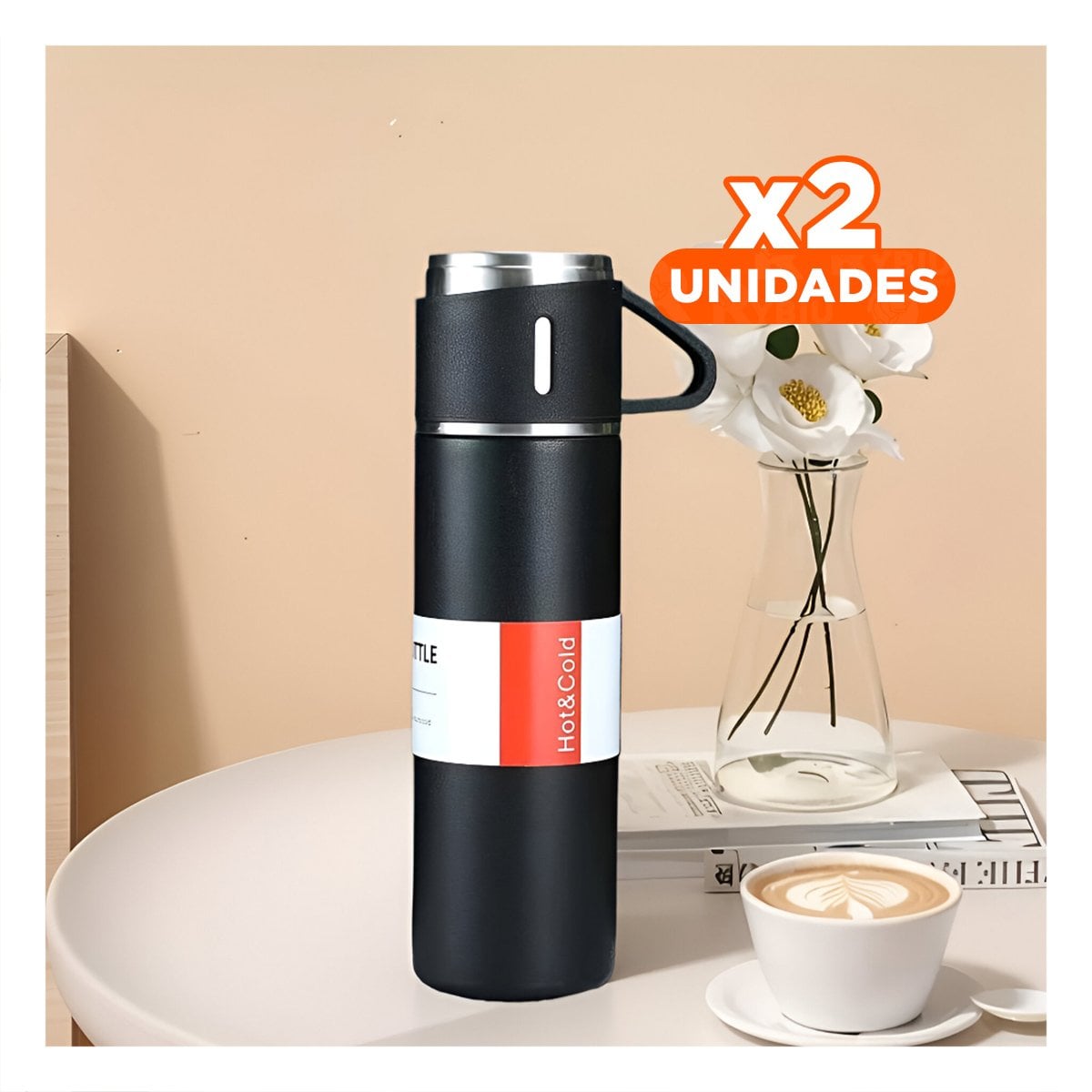 PACK2 BOTELLA PORTATIL CON DOS TAZAS PARA CAFE Y TE EN CASA NEGRO Y+PAPEL REGALO - 1