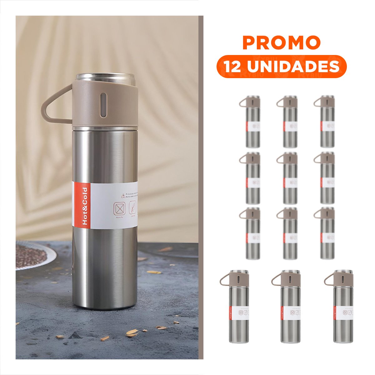 PACK12 FRASCO TERMICO MODERNO CON DOS TAZAS PARA HOGAR AZUL - 1
