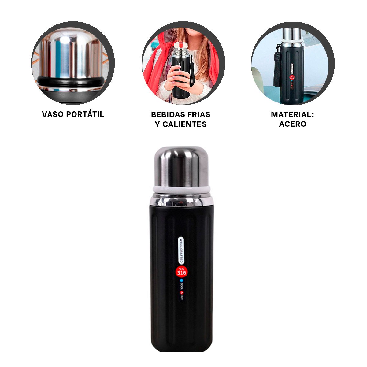TERMO 800ML NEGRO CON TAPA HERMETICA Y DISEÑO MODERNO PARA OFICINA Y HOGAR YPAPEL REGALO - 5