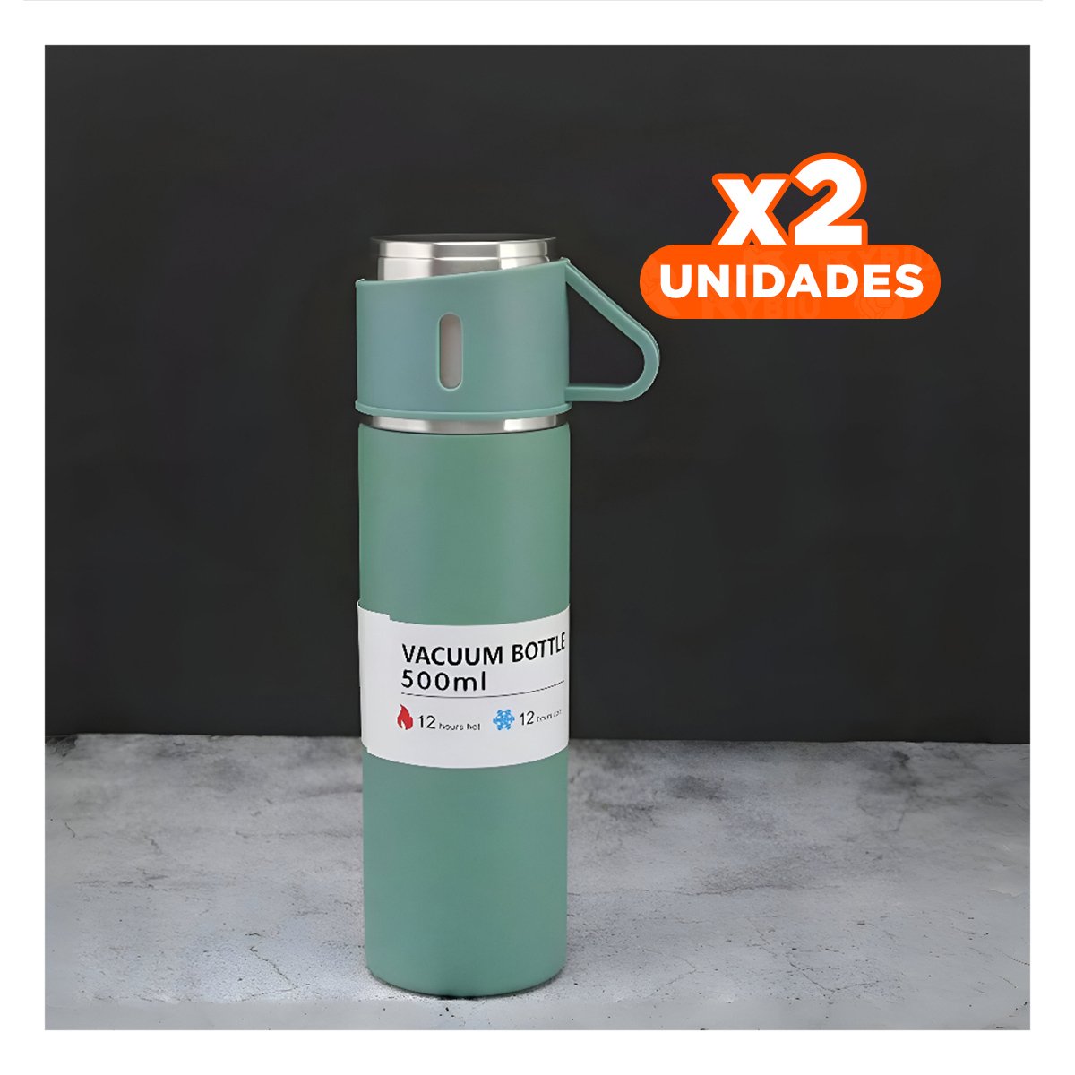 PACK2 BOTELLA PORTATIL CON DOS TAZAS PARA BEBIDAS CALIENTES VERDE Y+PAPEL REGALO - 1