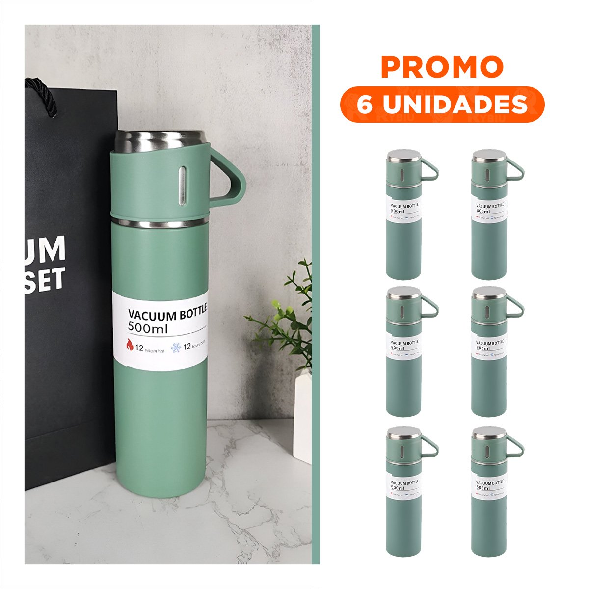 PACK6 JARRA DE VIAJE INDIVIDUAL CON DOS TAZAS PARA TE VERDE Y+REGALO STICKER - 1