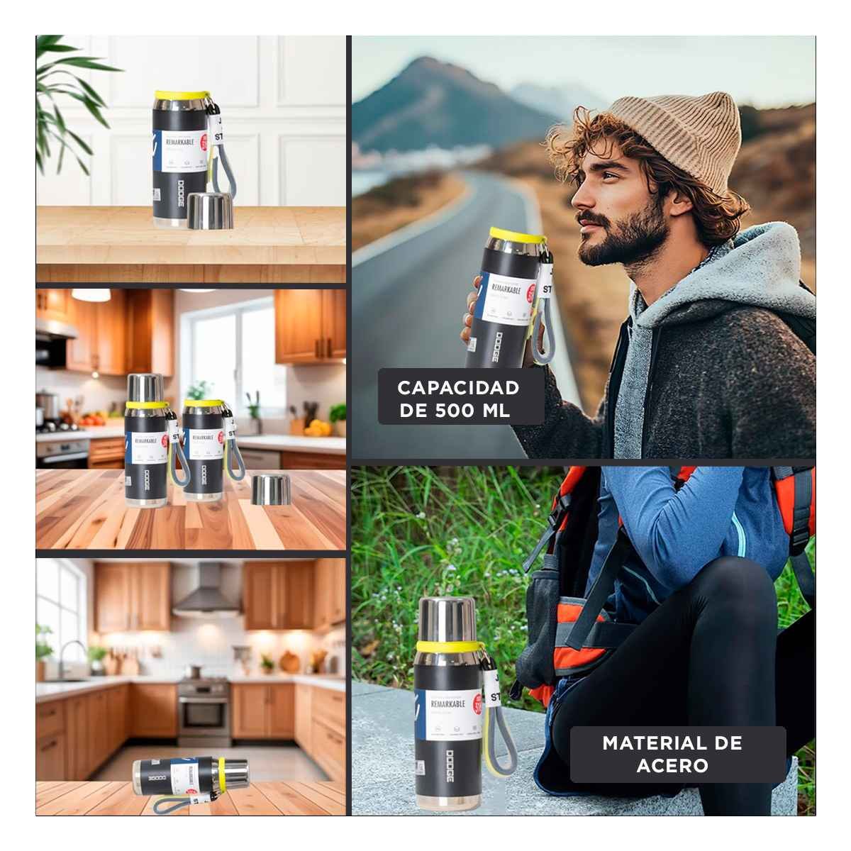 PACK2 RECIPIENTE TÉRMICO NEGRO 500ML CON TAPA HERMÉTICA PARA CAFÉ TÉ Y JUGOS Y+PAPEL REGALO - 3