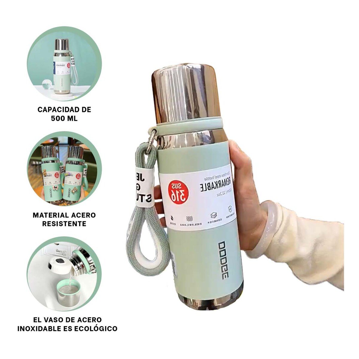 TERMO VERDE AGUA 500ML PARA BEBIDAS CALIENTES Y FRÍAS EN OFICINA HOGAR Y+POST IT - 5
