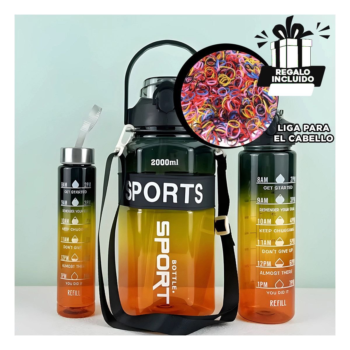 TOMATODO TRIO TRANSPARENTE NEGRO AMARILLO Y NARANJA LIGERO Y COMODO TRANSPORTAR YLIGAS REGALO - 2