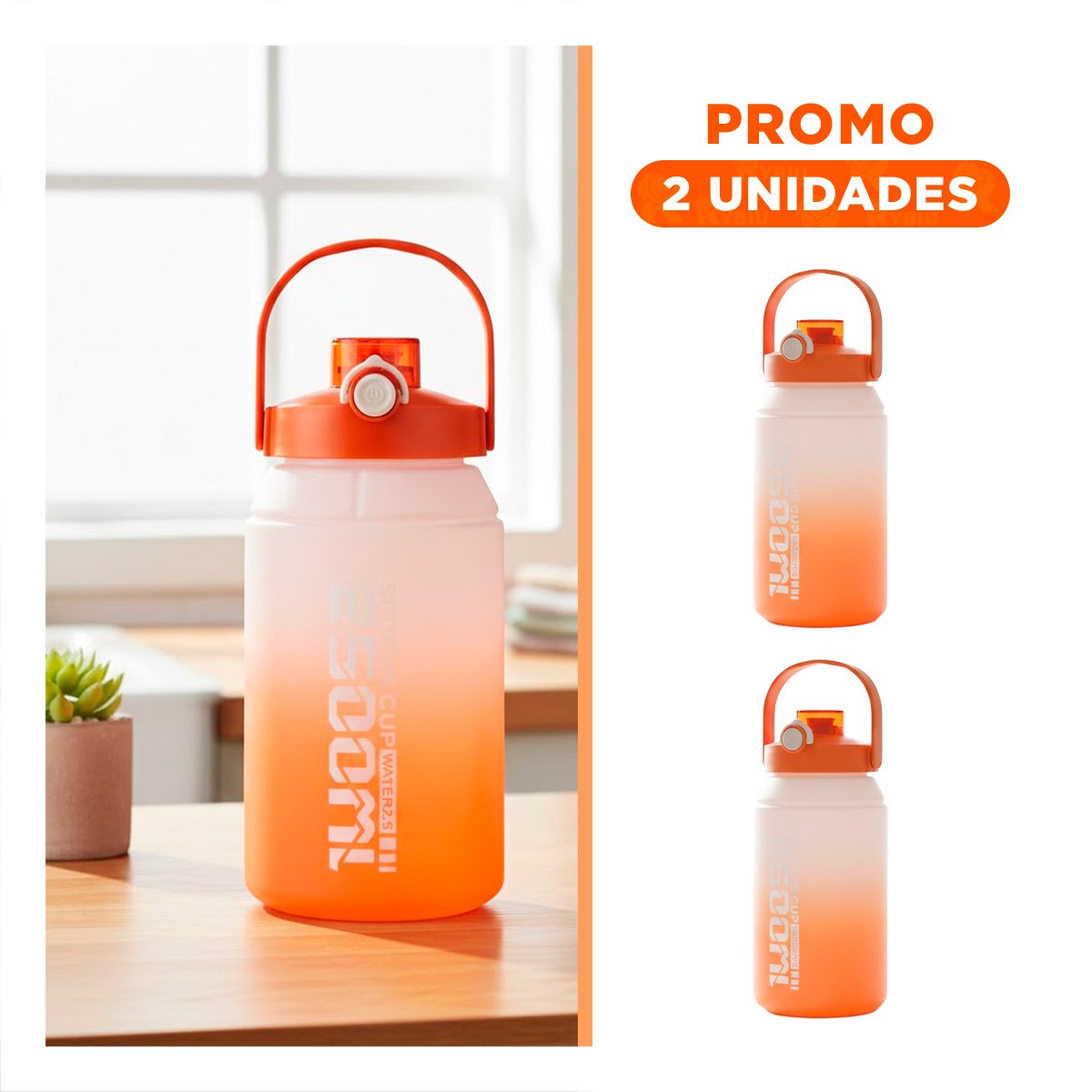 PACK2 BOTELLA REFORZADA PARA MOVIMIENTO CONSTANTE 2500ML EN NARANJA Y BLANCO YREGALO STICKER - 1