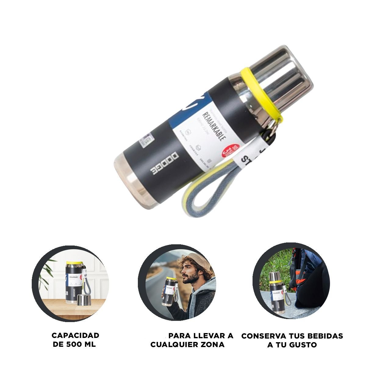 TERMO NEGRO 500ML PARA TRANSPORTE FÁCIL DE BEBIDAS CALIENTES Y FRÍAS Y+PAPEL REGALO - 5