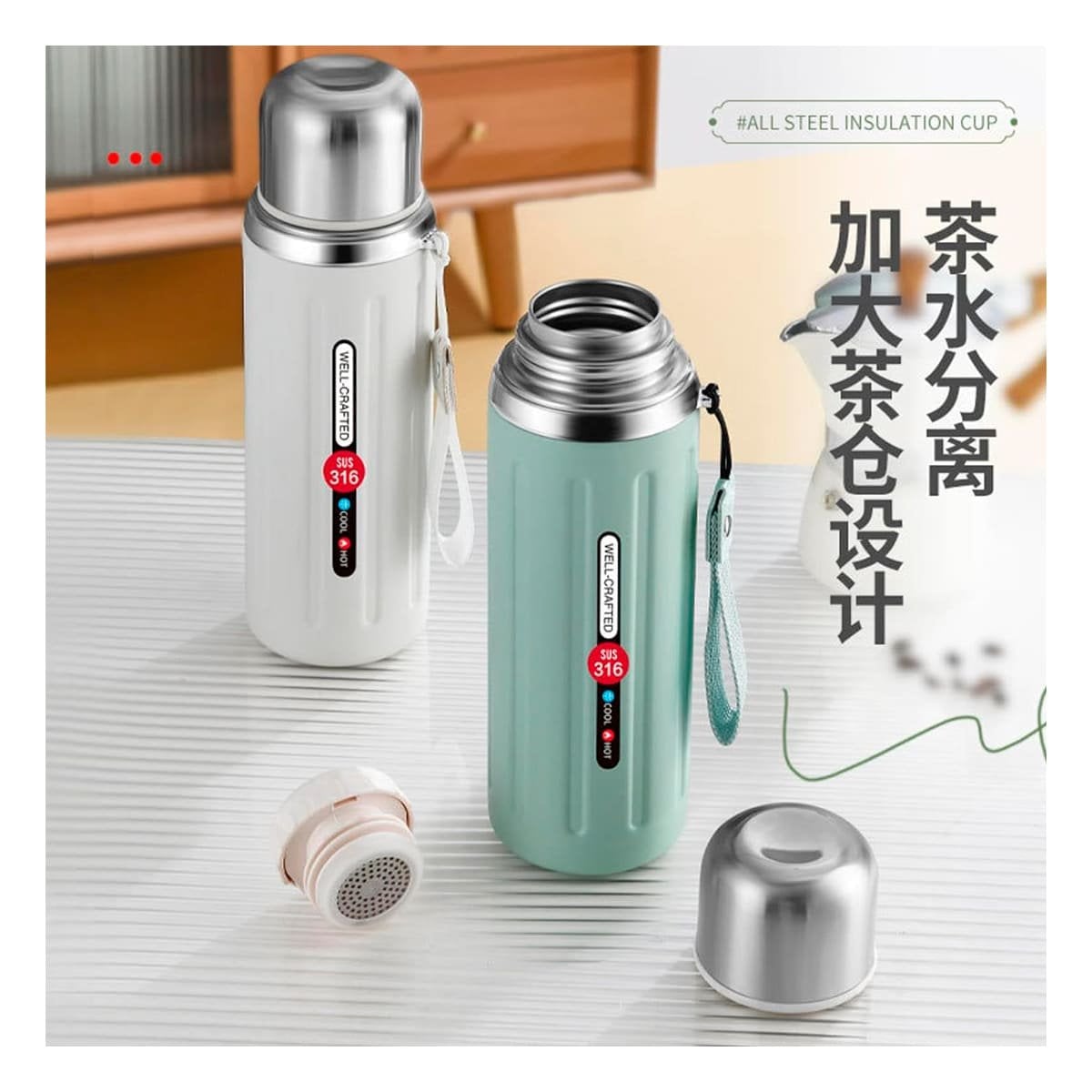 TERMO 800ML VERDE AGUA CON TAPA HERMETICA Y DISEÑO MODERNO PARA OFICINA Y HOGAR YPAPEL REGALO - 1
