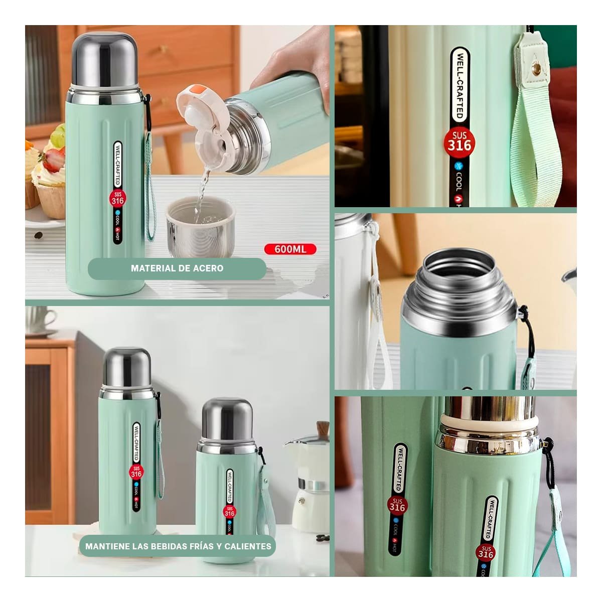 TERMO 800ML VERDE AGUA CON TAPA HERMETICA Y DISEÑO MODERNO PARA OFICINA Y HOGAR YPAPEL REGALO - 3
