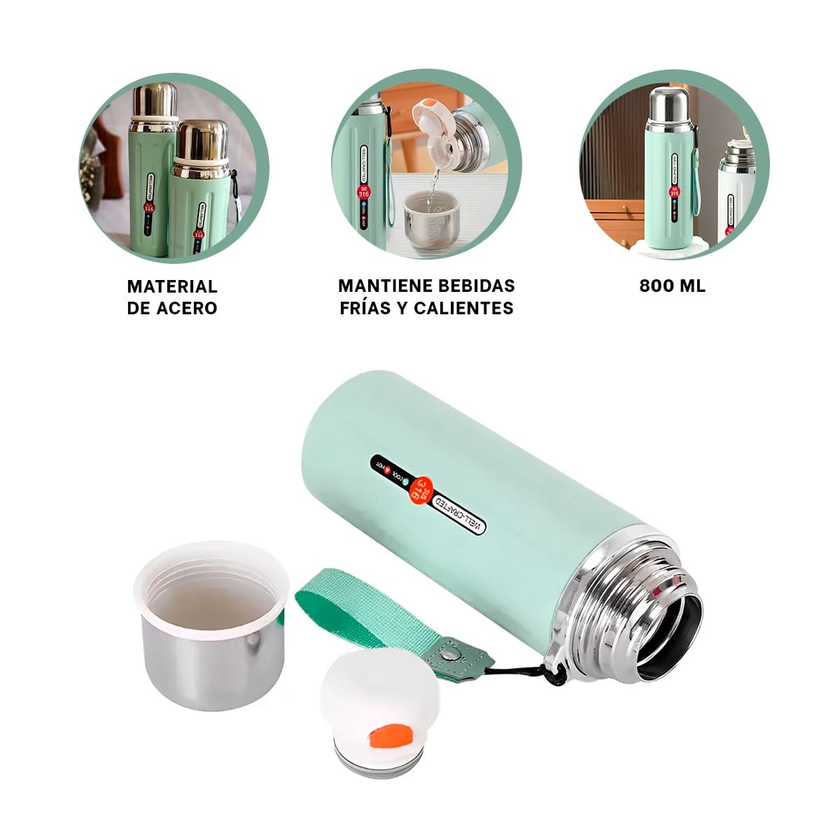 TERMO 800ML VERDE AGUA CON TAPA HERMETICA Y DISEÑO MODERNO PARA OFICINA Y HOGAR YPAPEL REGALO - 5
