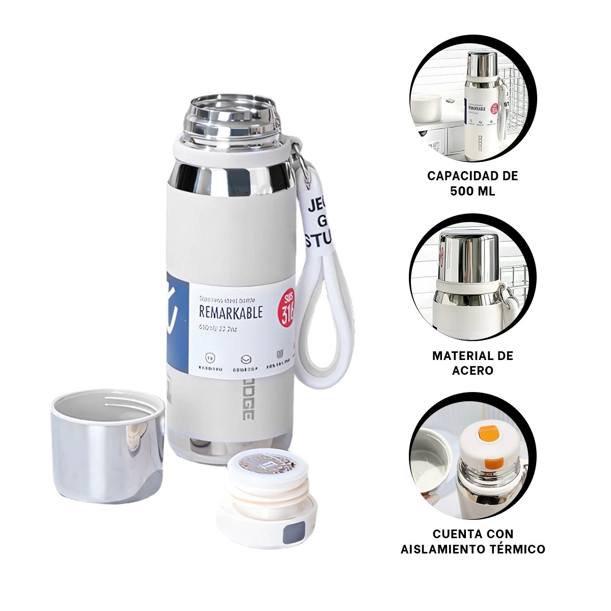 TERMO BLANCO 500ML PARA TRANSPORTE FÁCIL DE BEBIDAS CALIENTES Y FRÍAS Y+PAPEL REGALO - 5