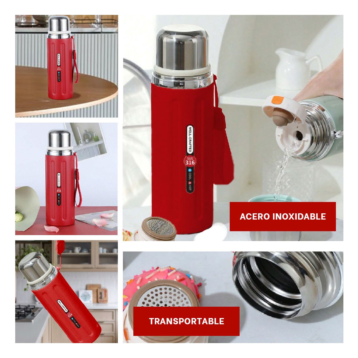 PACK2 ENVASE 800ML ROJO CON TAPA SEGURA Y DISEÑO MODERNO PARA OFICINA O CASA YPAPEL REGALO - 3