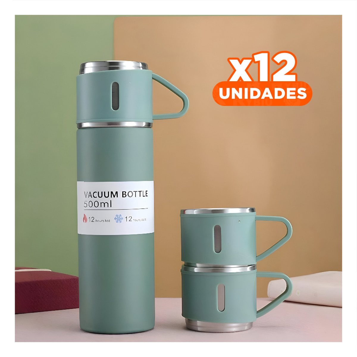 PACK12 CONTENEDOR DE VIAJE CON DOS TAZAS PARA PASEO VERDE Y+REGALO STICKER - 1