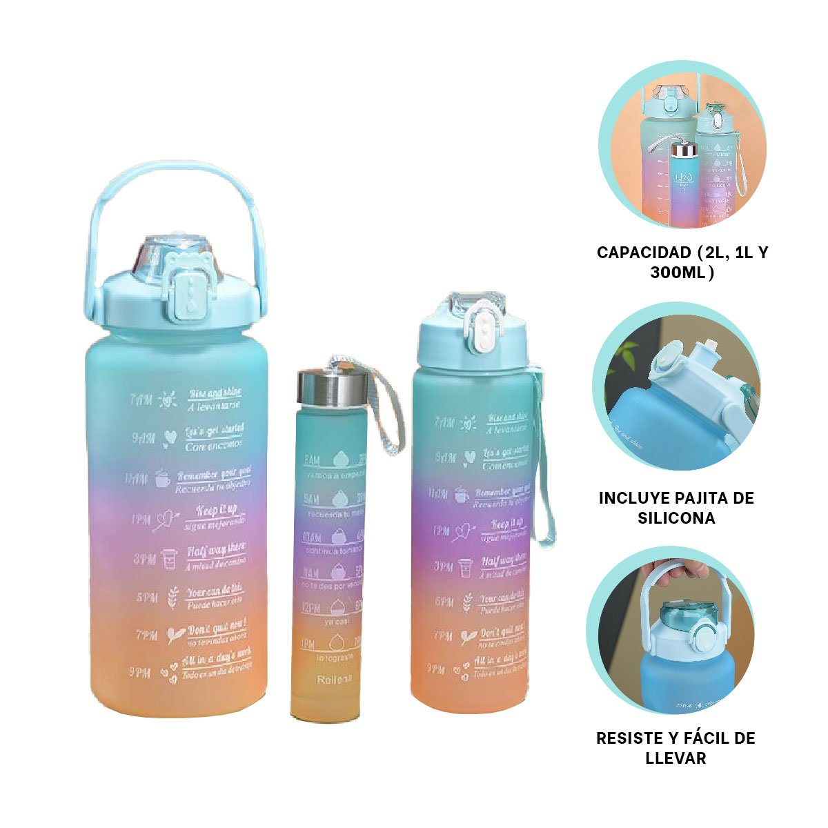TOMATODOS EN SET DE 3 CON TAPA DE PLASTICO VERDE Y VOLUMEN 2 L 1 L Y 300 ML Y+POST IT - 5