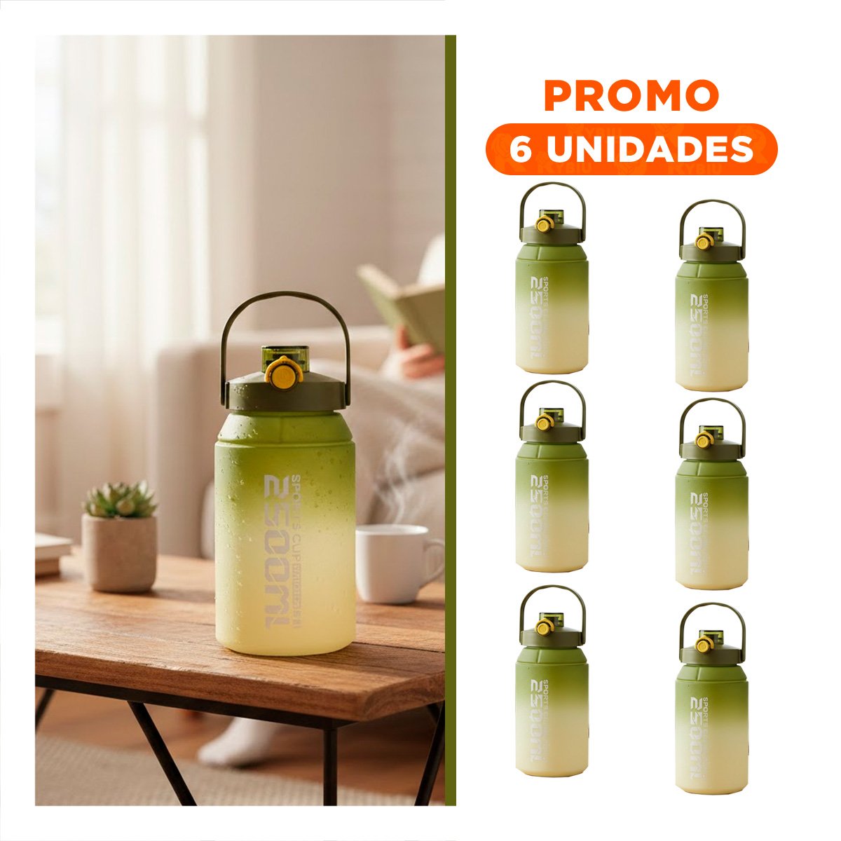 PACK6 BIDON PORTATIL PARA ACTIVIDADES EXIGENTES 2500ML EN VERDE Y BLANCO YREGALO STICKER - 1