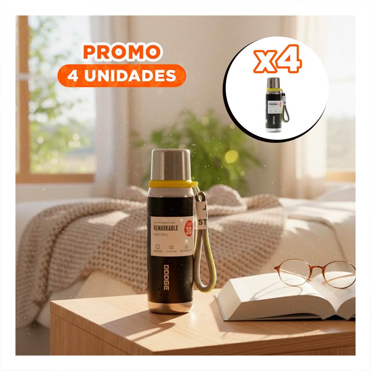 PACK4 RECIPIENTE TÉRMICO NEGRO 500ML PARA TRANSPORTE FÁCIL DE CAFÉ TÉ Y BEBIDAS Y+PAPEL REGALO - 1