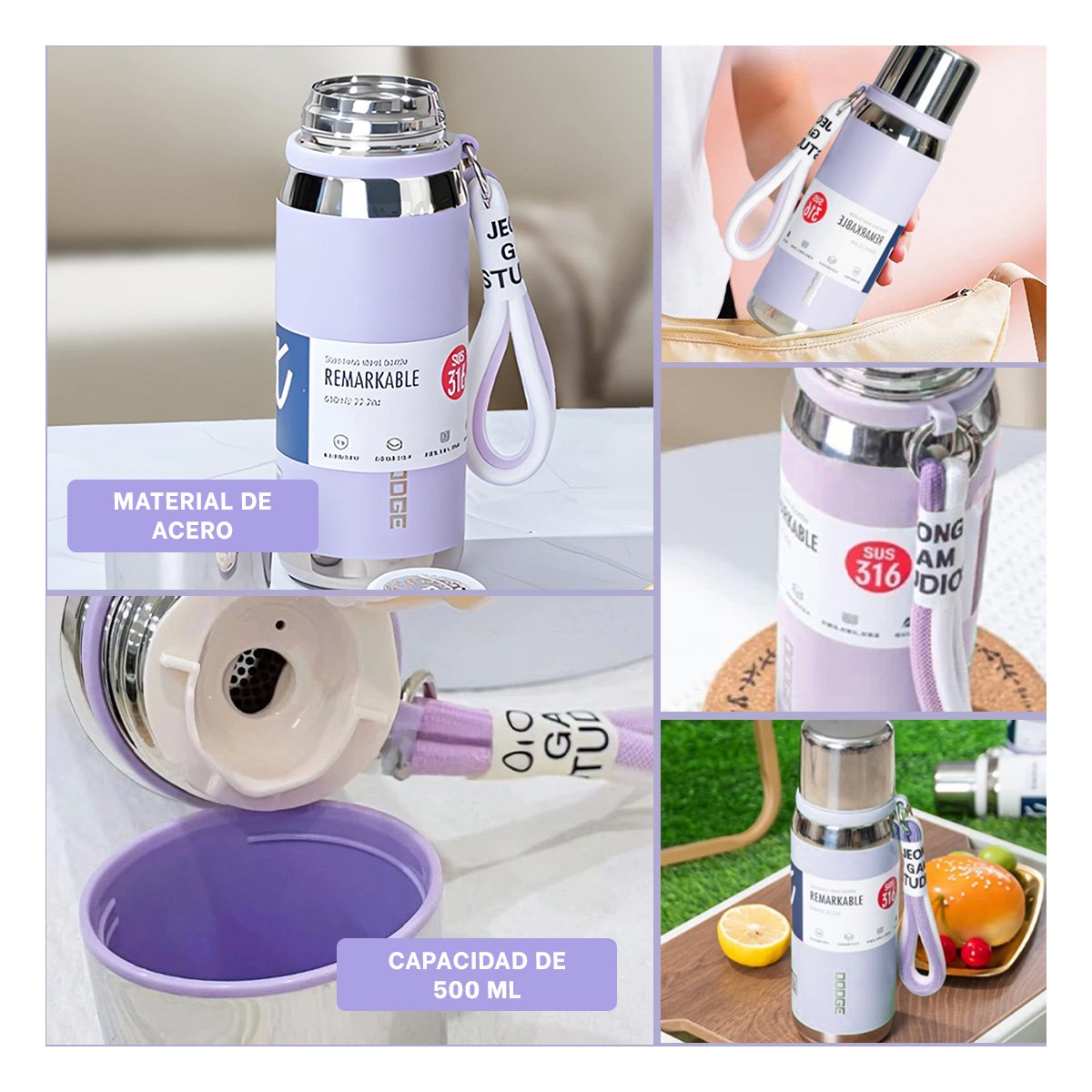 TERMO LILA 500ML PARA BEBIDAS CALIENTES Y FRÍAS EN OFICINA HOGAR Y+POST IT - 2