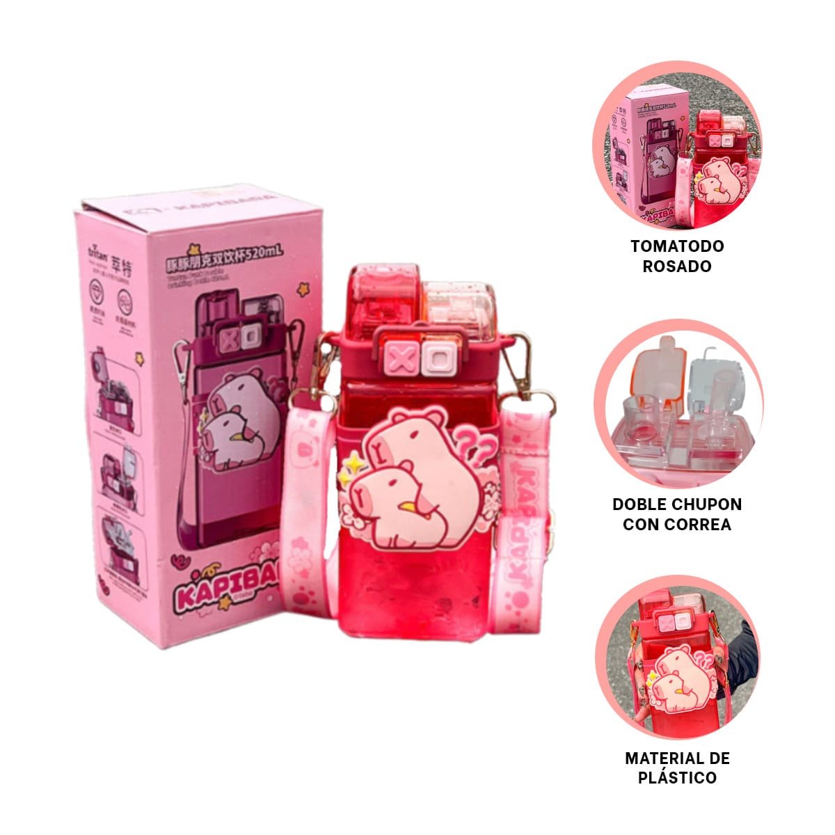TOMATODO DOBLE CHUPON CON CORREA ROSADO DOBLE PARED CONSERVA TEMPERATURA YPOST IT - 5