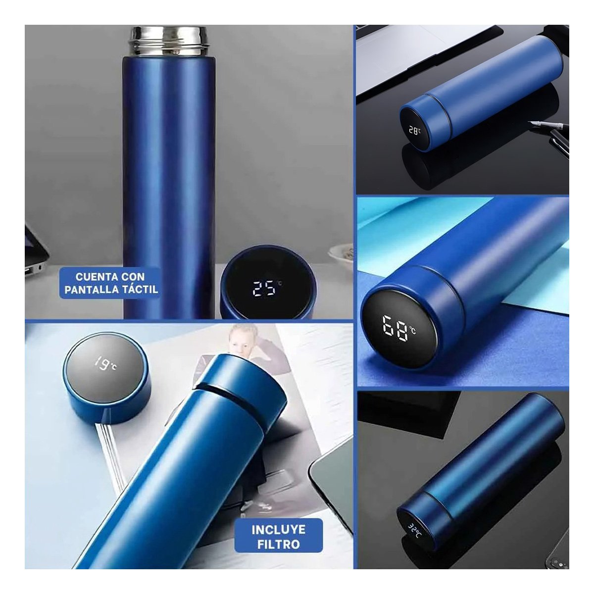 PACK4 TERMO DIGITAL SEGURO 500 ML CON FILTRO DE TE PARA CAFE Y TE AZUL Y+REGALO STICKER - 2