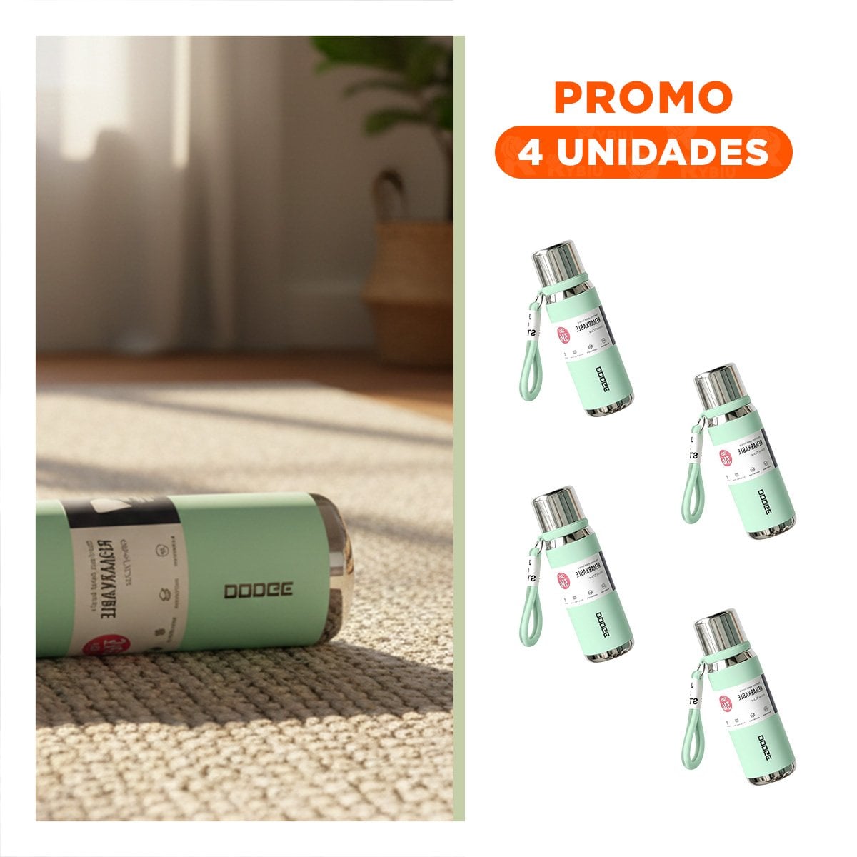 PACK4 RECIPIENTE TÉRMICO VERDE AGUA 500ML CON TAPA SEGURA PARA BEBIDAS CALIENTES - 1