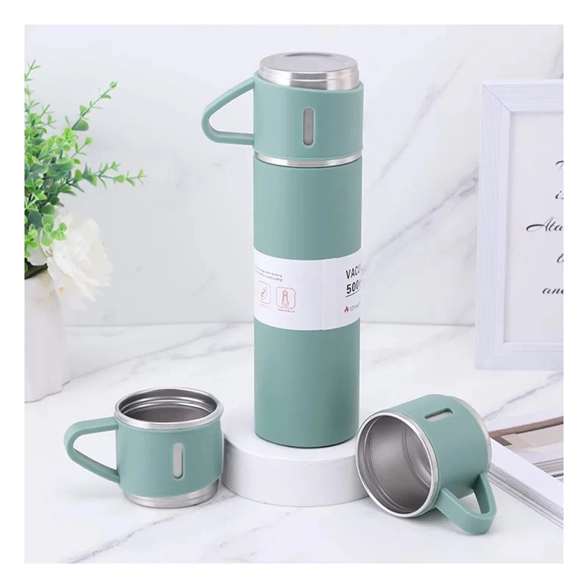 PACK4 RECIPIENTE PORTATIL CON DOS TAZAS PARA PASEOS VERDE Y+REGALO STICKER - 3