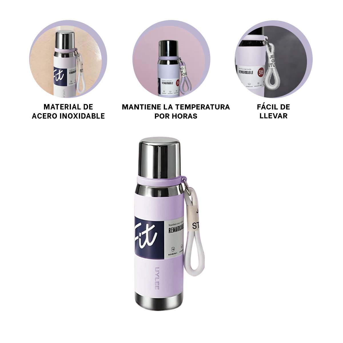 TERMO LILA 800ML PARA TRANSPORTE FÁCIL DE BEBIDAS CALIENTES Y FRÍAS Y+PAPEL REGALO - 5