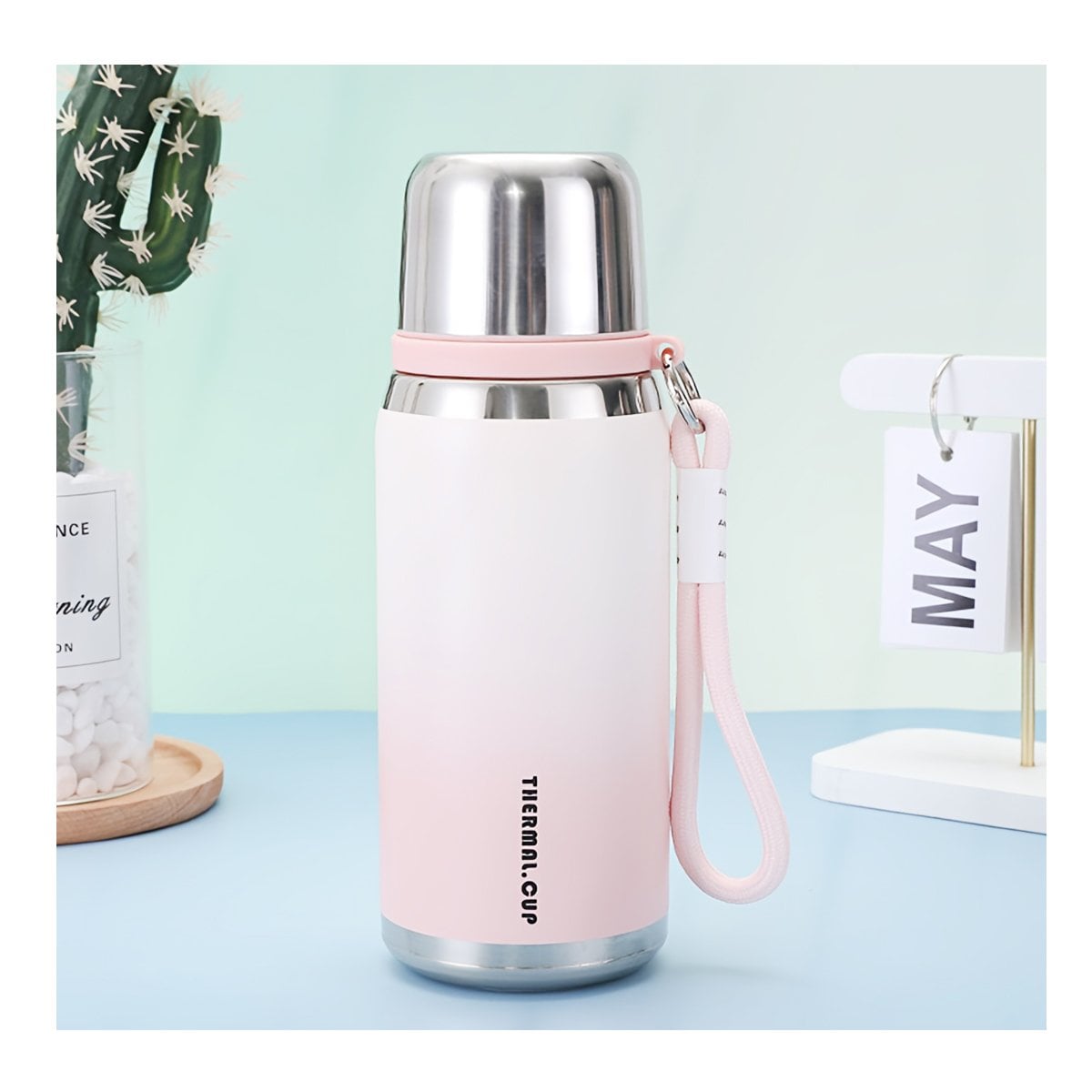 TERMO 800ML ROSADO CON TAPA HERMETICA Y DISEÑO MODERNO PARA OFICINA Y HOGAR Y+PAPEL REGALO - 1