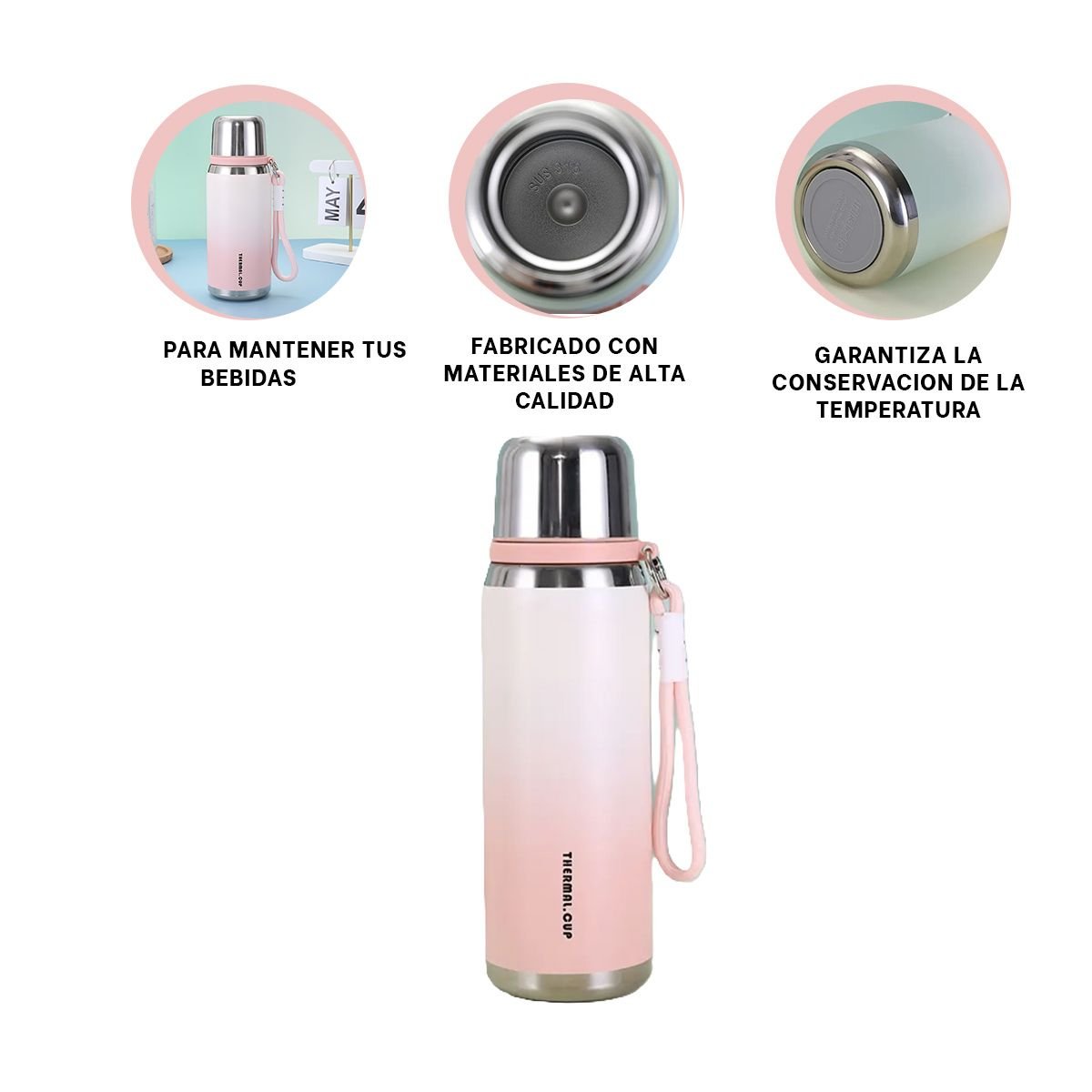 TERMO 800ML ROSADO CON TAPA HERMETICA Y DISEÑO MODERNO PARA OFICINA Y HOGAR Y+PAPEL REGALO - 5