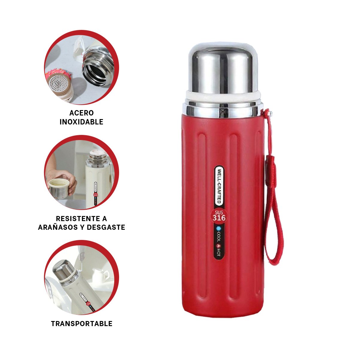 TERMO 800ML ROJO LIGERO Y COMODO PARA LLEVAR BEBIDAS CALIENTES Y FRIAS YPOST IT - 5
