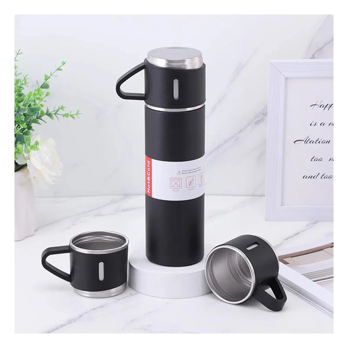 PACK12 FRASCO DE VIAJE INDIVIDUAL CON DOS TAZAS PARA HOGAR NEGRO Y+PAPEL REGALO - 2