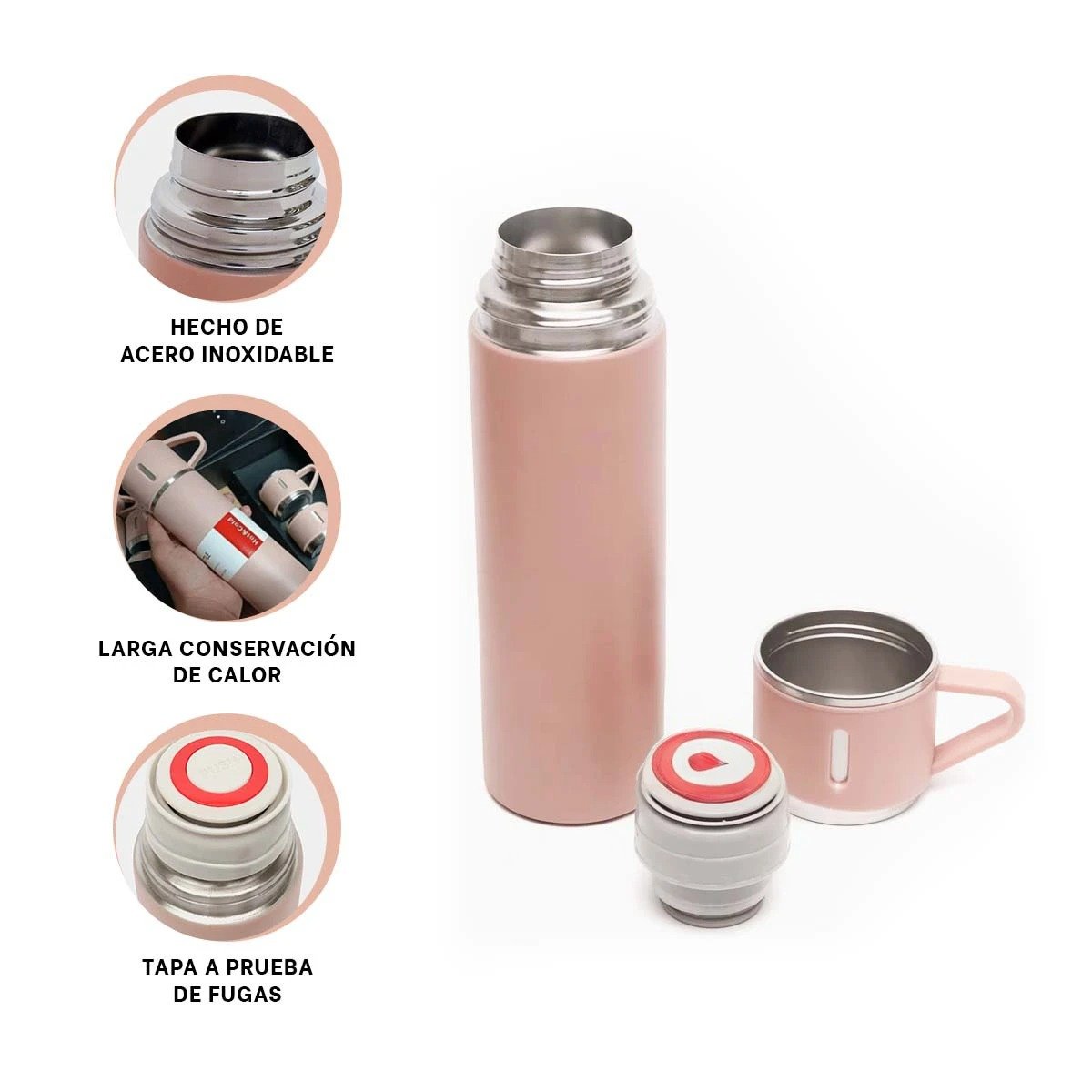 FRASCO TERMICO INDIVIDUAL CON DOS TAZAS PARA CAFE Y TE ROSADO Y+PAPEL REGALO - 5