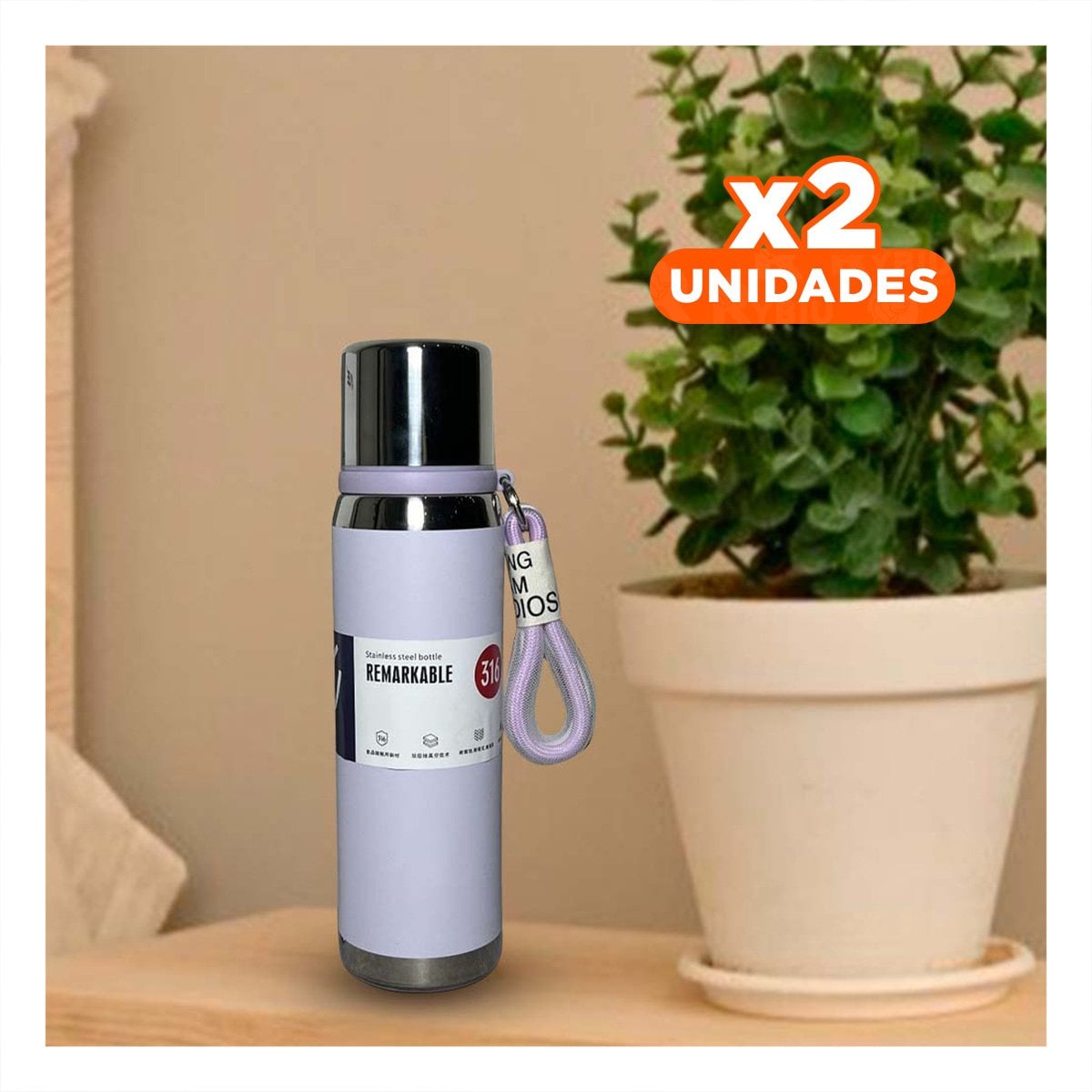 PACK2 RECIPIENTE TÉRMICO LILA 800ML CON TAPA HERMÉTICA PARA CAFÉ TÉ Y JUGOS Y+PAPEL REGALO - 1