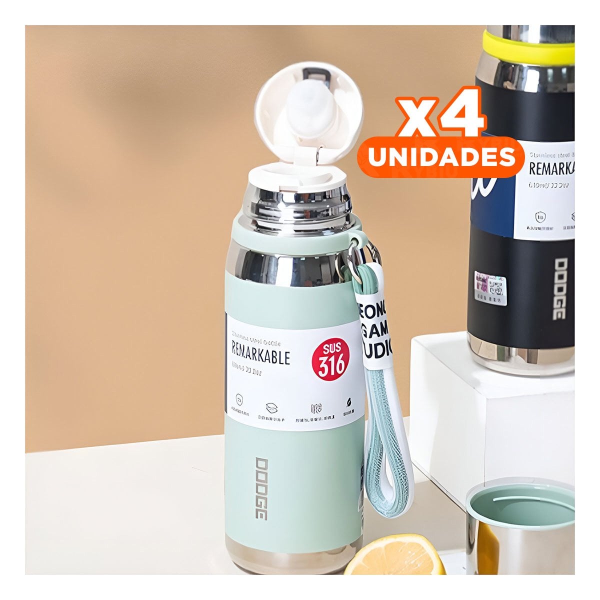PACK4 RECIPIENTE TÉRMICO VERDE AGUA 800ML PARA TRANSPORTE FÁCIL DE CAFÉ TÉ Y+PAPEL REGALO - 1