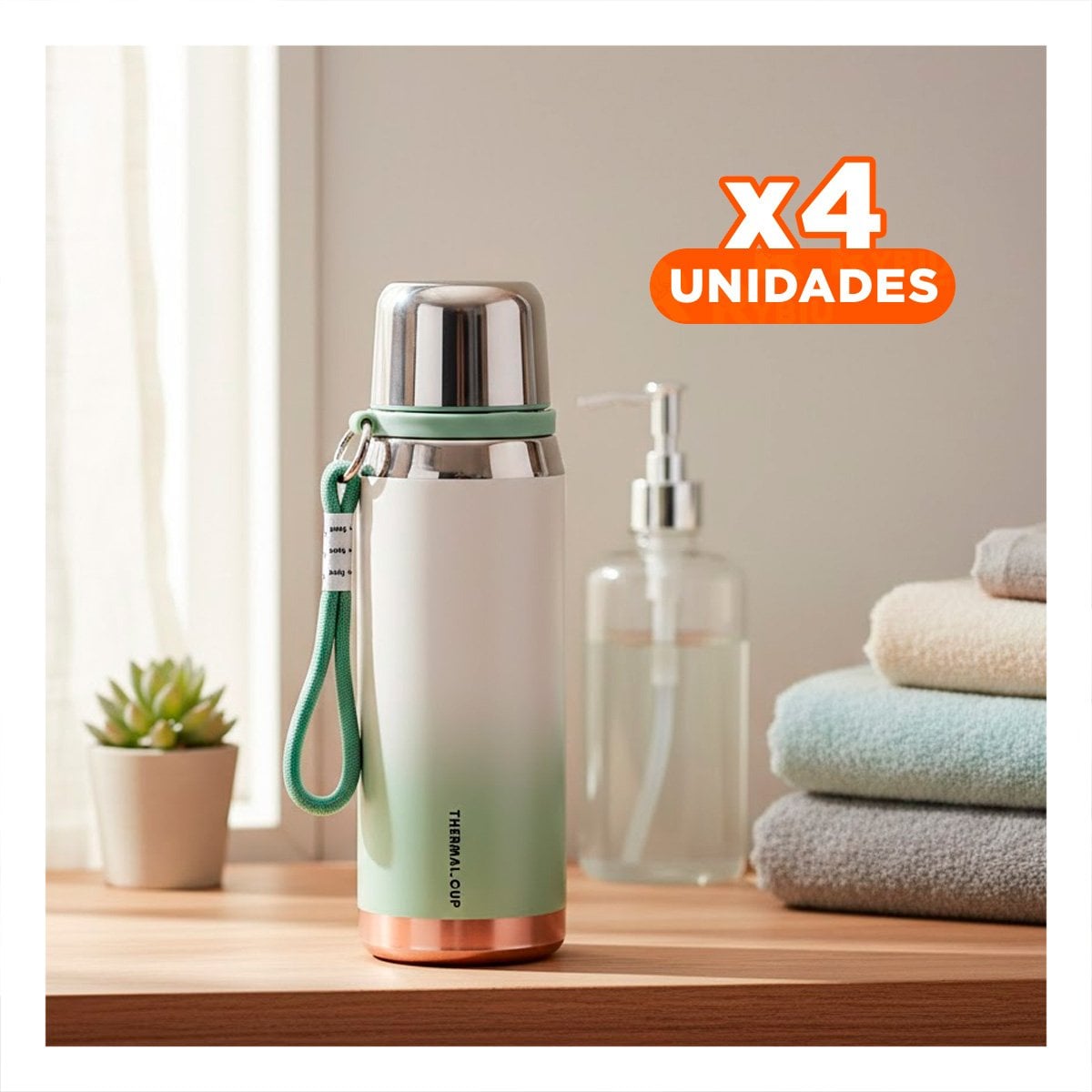 PACK4 RECIPIENTE TÉRMICO DEGRADADO VERDE AGUA 800ML TRANSPORTE FÁCIL CAFÉ TÉ Y+PAPEL REGALO - 1