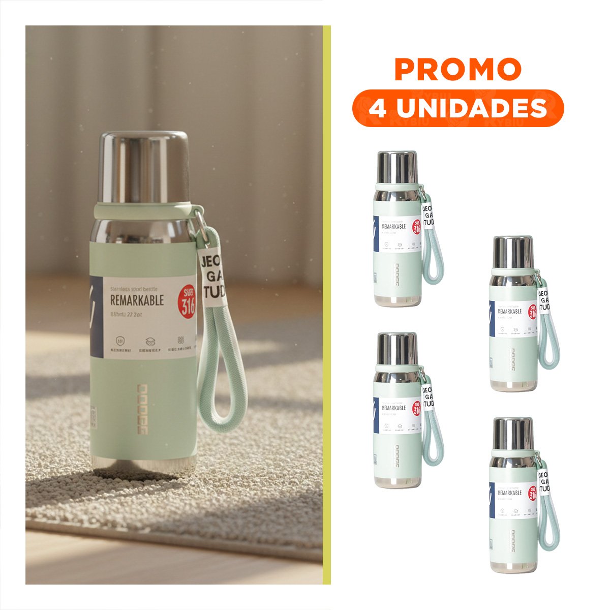 PACK4 RECIPIENTE TÉRMICO VERDE AGUA 800ML CON TAPA SEGURA PARA BEBIDAS CALIENTES - 1