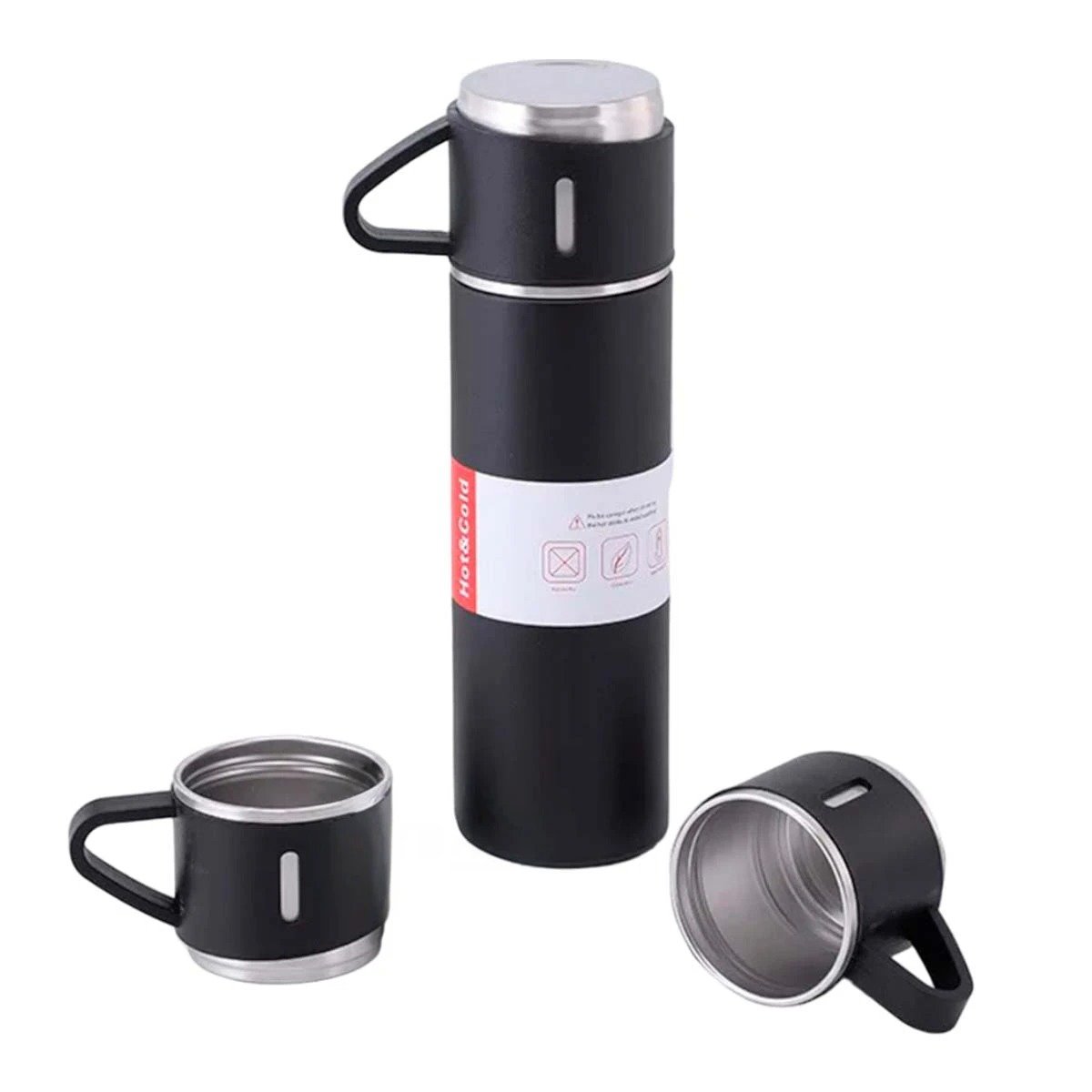 PACK2 FRASCO PORTATIL INDIVIDUAL CON DOS TAZAS PARA OFICINA NEGRO Y+REGALO STICKER - 2
