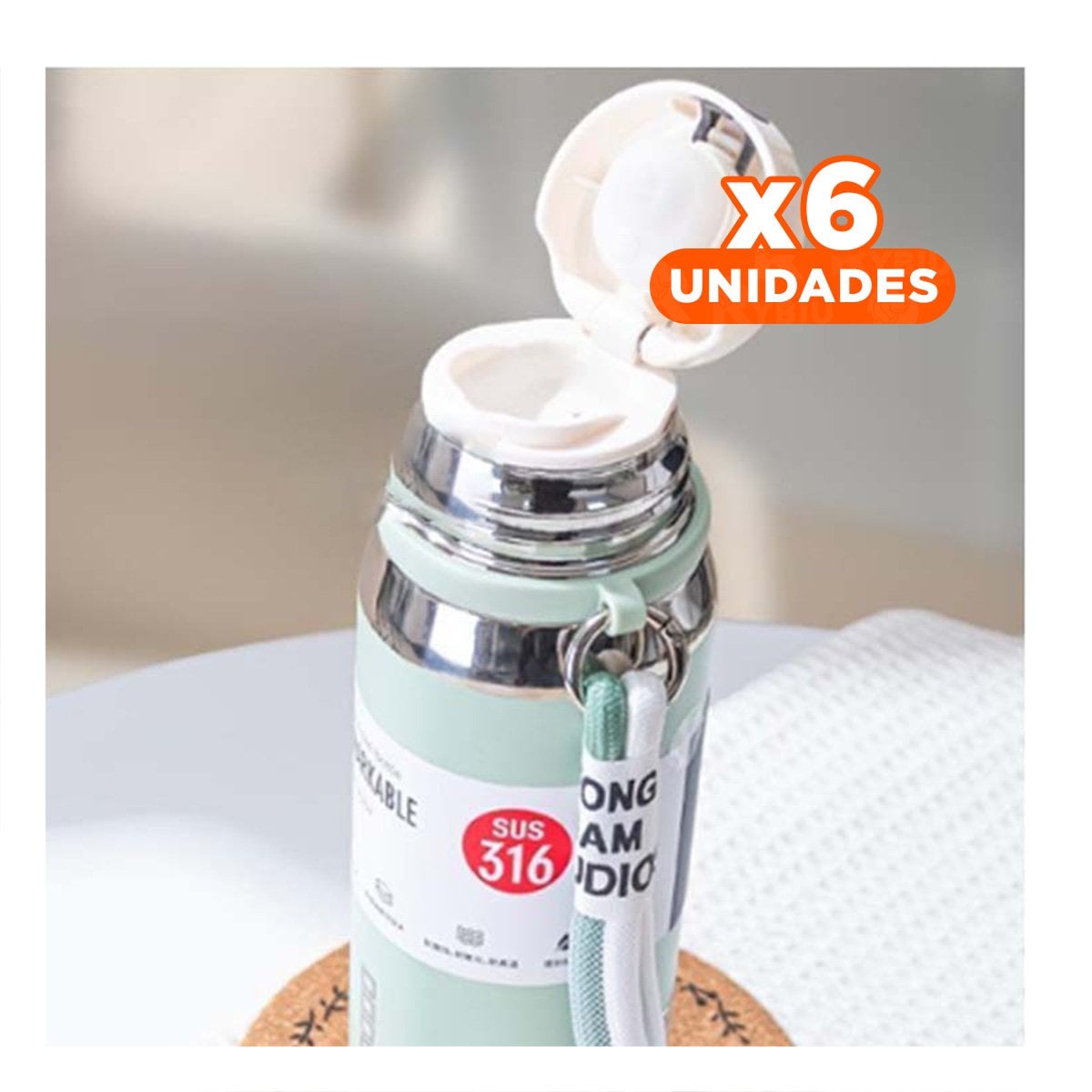 PACK6 FRASCO VERDE AGUA 800ML PARA USO DIARIO EN OFICINA HOGAR Y PICNIC Y+PAPEL REGALO - 1