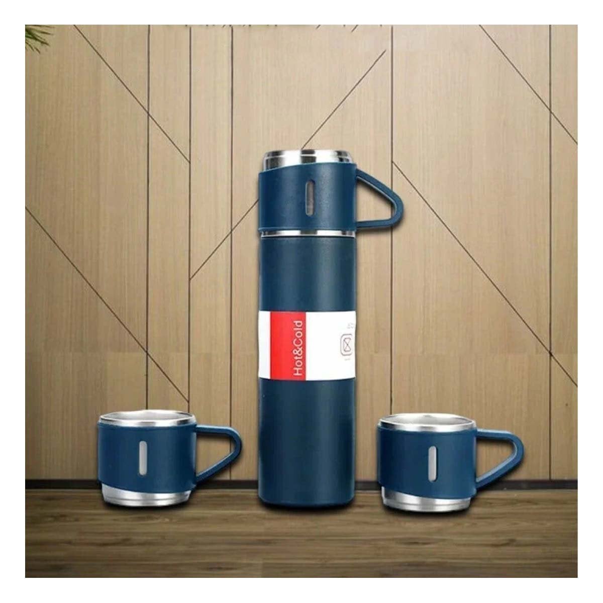 BOTELLA TERMICA INDIVIDUAL CON DOS TAZAS PARA OFICINA Y HOGAR AZUL Y+PAPEL REGALO - 1